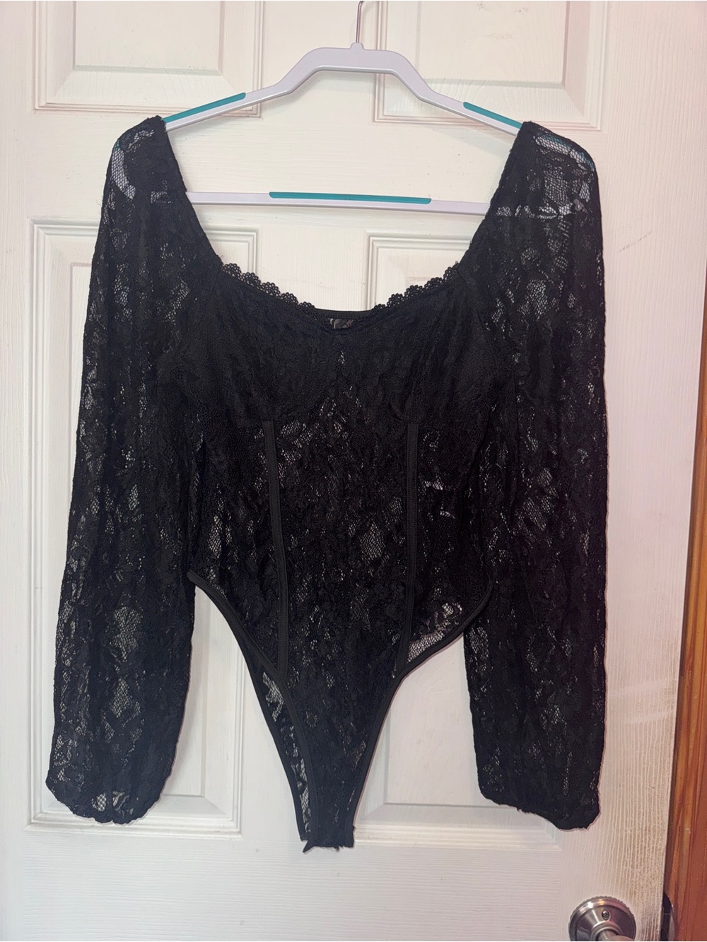 SHEIN Black Sheer Lace Long-Sleeve Bodysuit